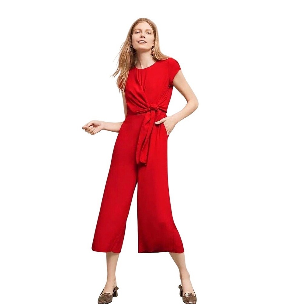 Anthropologie Maeve Grier Tie Front Red Cropped Wide Leg Jumpsuit Size 2